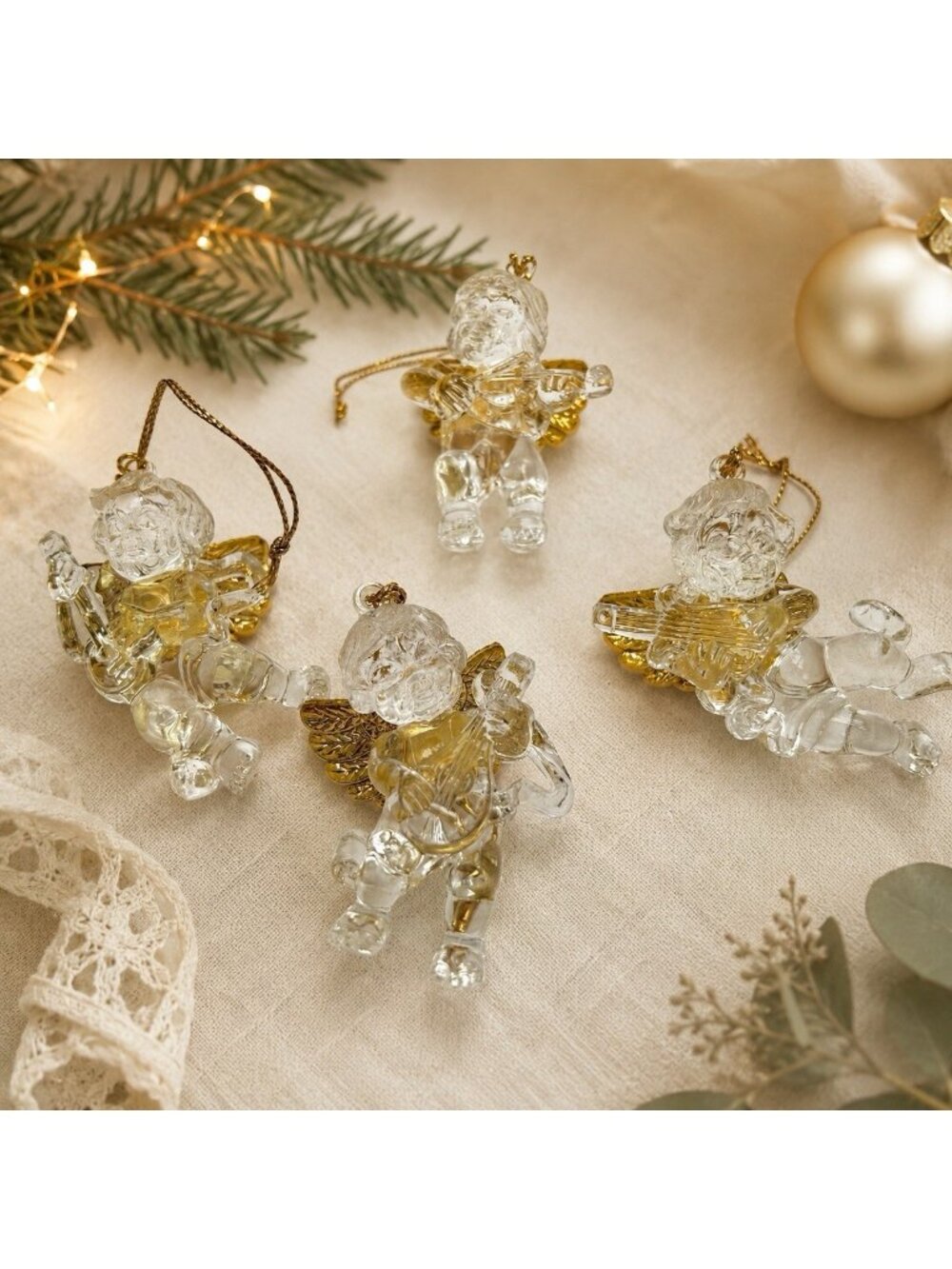 Vintage Lot of 4 Acrylic Angel Cherub Hanging Tree Ornaments Playing Instruments